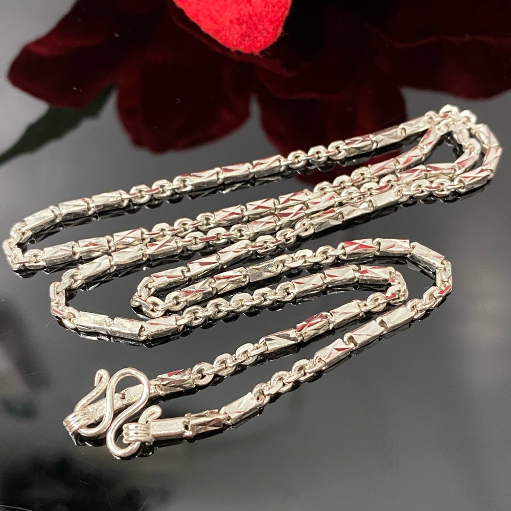 925 Sterling Silver Diamond Cut 3 Bar and Cable Chain Necklace